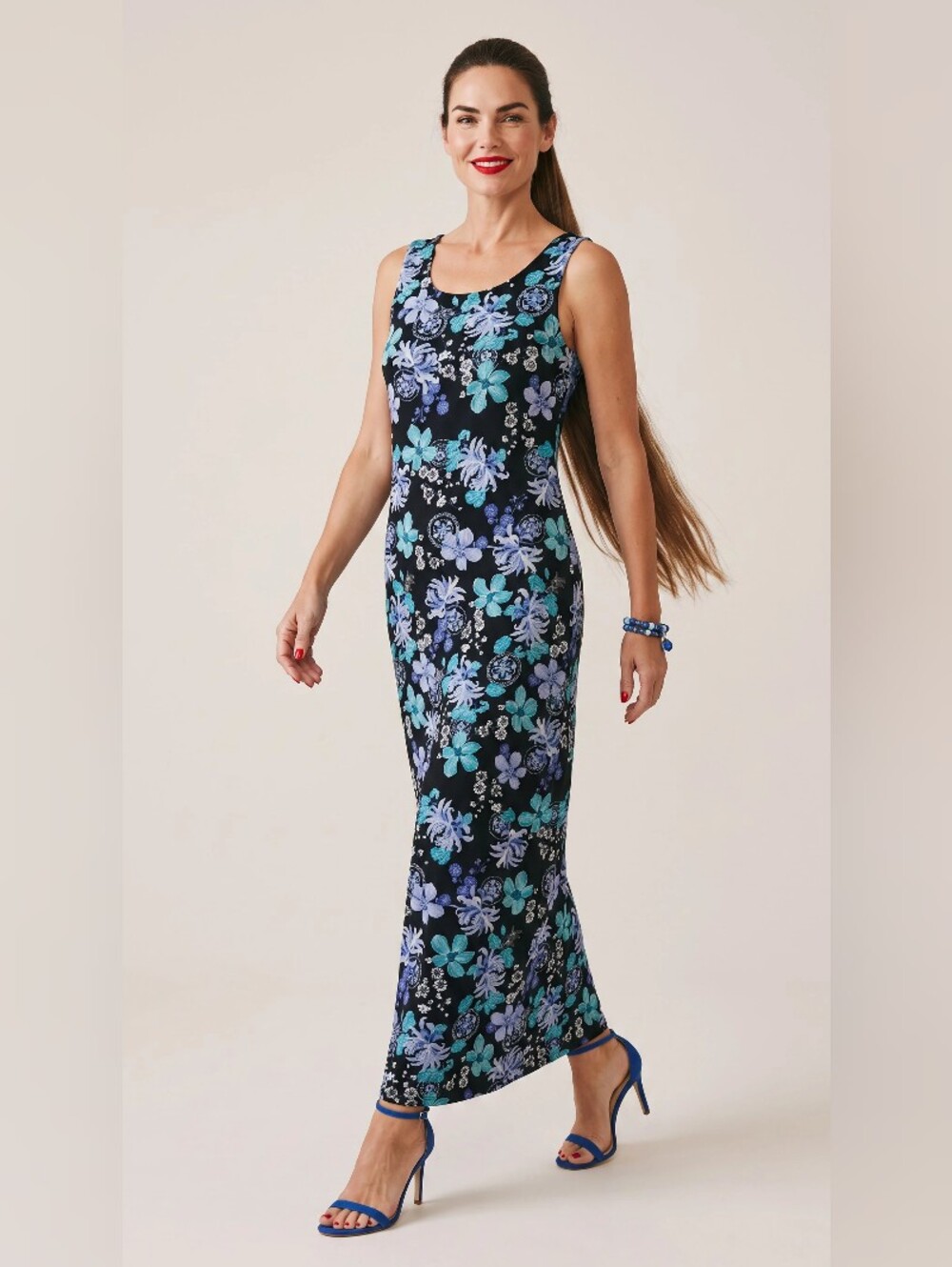 REVERSIBLE DRESS 2 IN ONE Sleeveless Navy Floral Maxi Dress in Blue & Teal SZ L